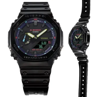 【CASIO 卡西歐】G-SHOCK虛擬彩虹系列 網路世界美學亮黑多彩光譜雙顯錶 618年中慶(GA-2100RGB-1A 農家橡樹)