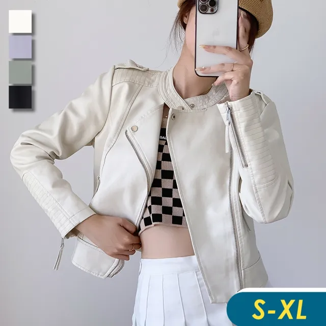 【CHACO】/現+預購/時尚小立領斜拉鏈短版質感皮衣夾克外套#PY2163(PU 皮衣 夾克 女外套 韓國)