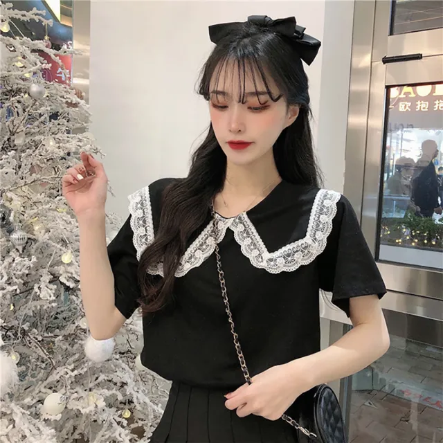 【HanVo】現貨 春暖花開蕾絲緹花娃娃領上衣(時髦百搭寬瘦修身襯衫上衣 韓國女裝 女生衣著 A01-1472)