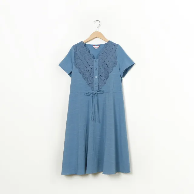 【CUMAR】V領蕾絲半開襟綁帶短袖洋裝(藍 杏/魅力商品)
