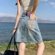 【MsMore】高腰皮牌款流蘇口袋顯瘦韓版高腰牛仔短裙#117490(藍)