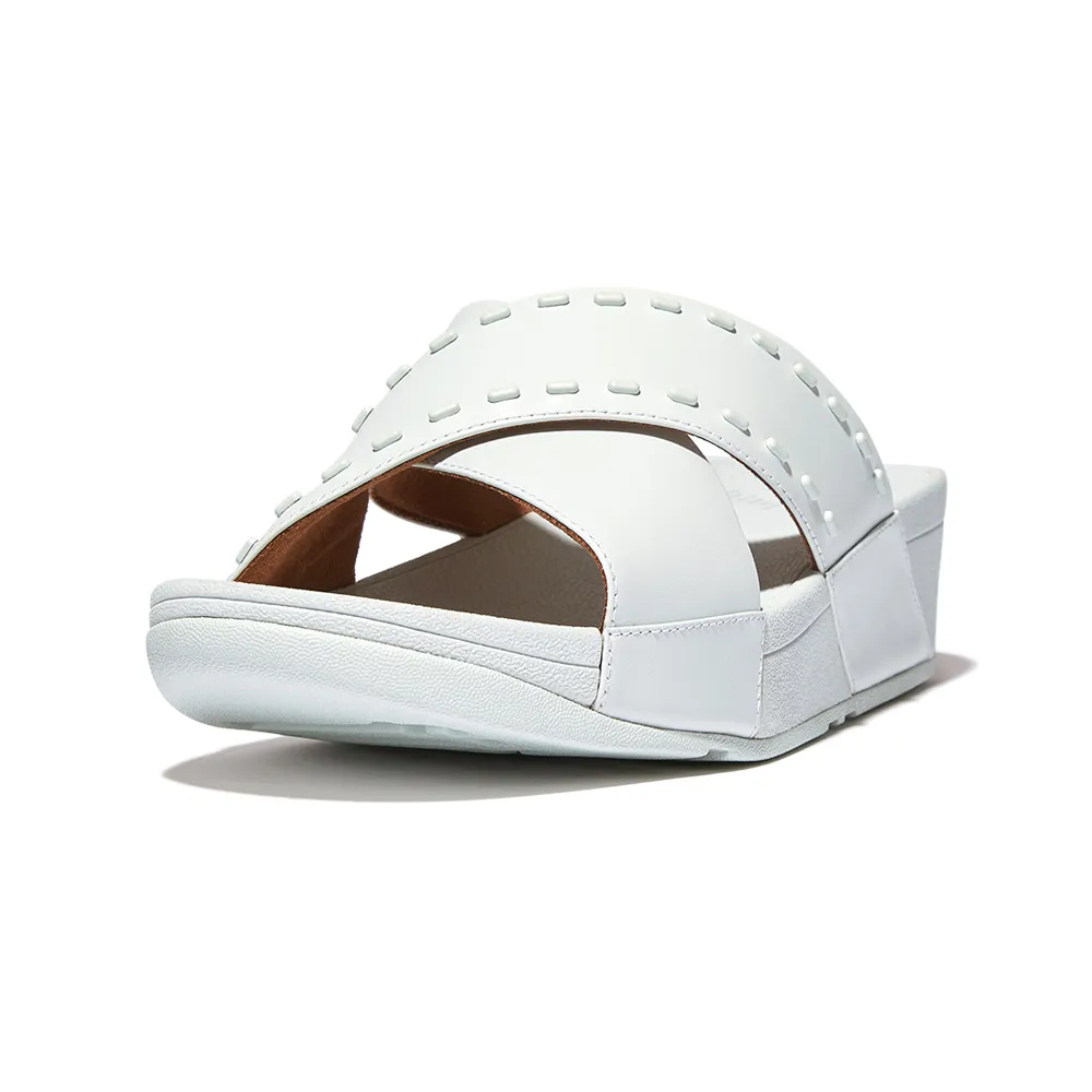 【FitFlop】LULU RUBBER-STUD LEATHER CROSS SLIDES 縫線造型交叉帶涼鞋(海沫藍色)