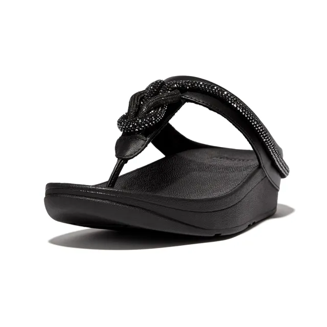 【FitFlop】FINO CRYSTAL-CORD LEATHER TOE-POST SANDALS紐節水鑽夾腳涼鞋-女(黑色)