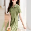 【MsMore】綠色撞色polo領打褶刺繡肌理感收腰短袖休閒連身裙中長洋裝#117468(綠)