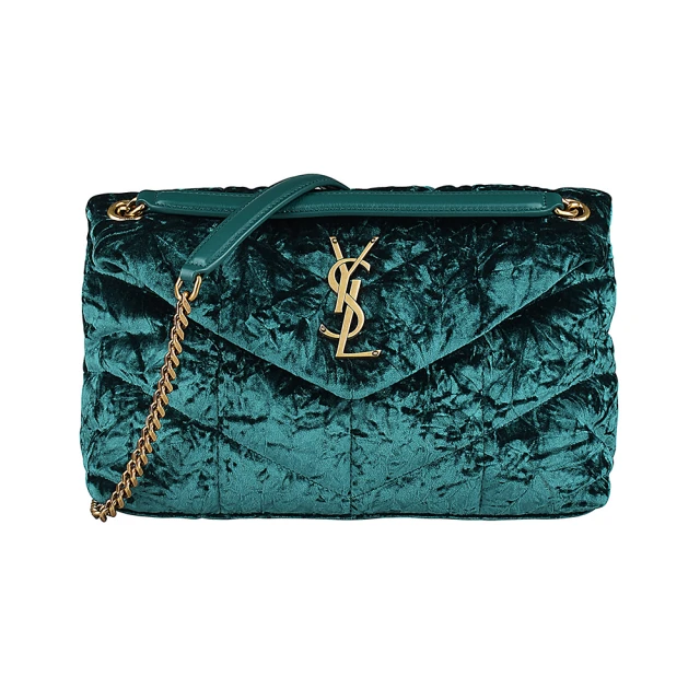 YSL YSL Puffer金屬LOGO絨布絎縫設計翻蓋磁釦式肩背/斜背包(祖母綠)