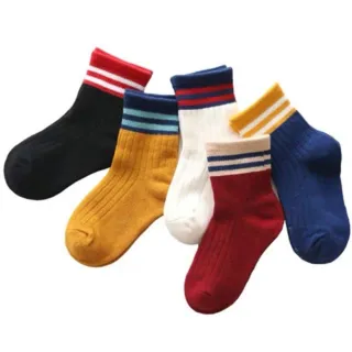 【安朵童舖】現貨韓版雙線條五雙一組全棉中筒襪運動襪純棉女童襪子男童襪子(017)