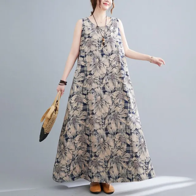 【漂亮小媽咪】夏日 度假風 印花 洋裝 棉麻 連身裙 無袖 露肩 亞麻 花朵 