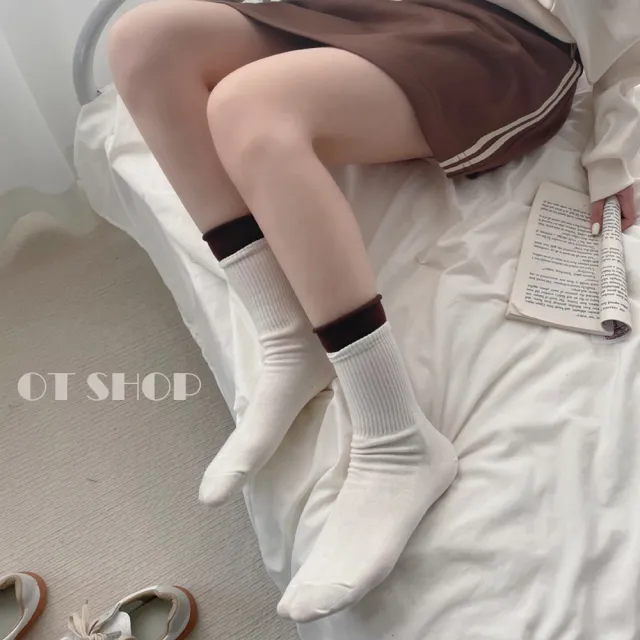 【OT SHOP】素色雙襪口中筒襪M1230(襪子 運動襪 大地色系)