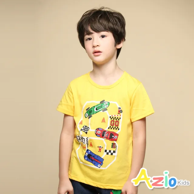 【Azio Kids 美國派】男童 上衣 彩色賽車印花純色短袖上衣T恤(黃)