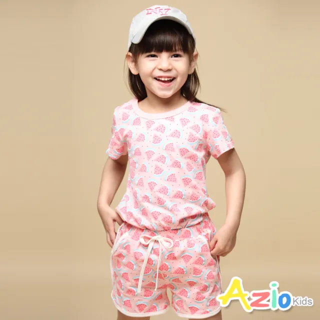 【Azio Kids 美國派】女童  上衣 滿版西瓜印花長版短袖上衣(粉)