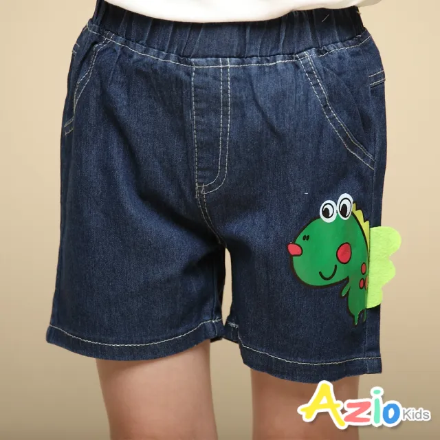 【Azio Kids 美國派】男童 短褲 立體背鰭恐龍印花牛仔短褲(藍)