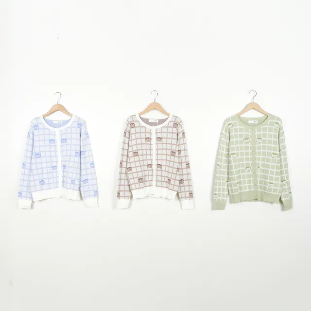 【Dailo】笑臉吐司格紋長袖針織衫外套(綠 駝 紫/魅力商品)