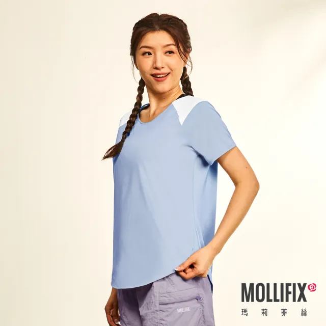 【Mollifix 瑪莉菲絲】撞色拼接短袖訓練上衣、瑜珈服(冰藍)