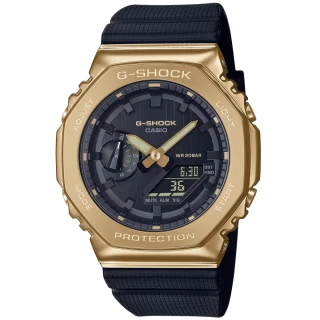 【CASIO 卡西歐】G-SHOCK 黑金霸王八角錶殼耐衝擊運動雙顯腕錶/黑x金框(GM-2100G-1A9)