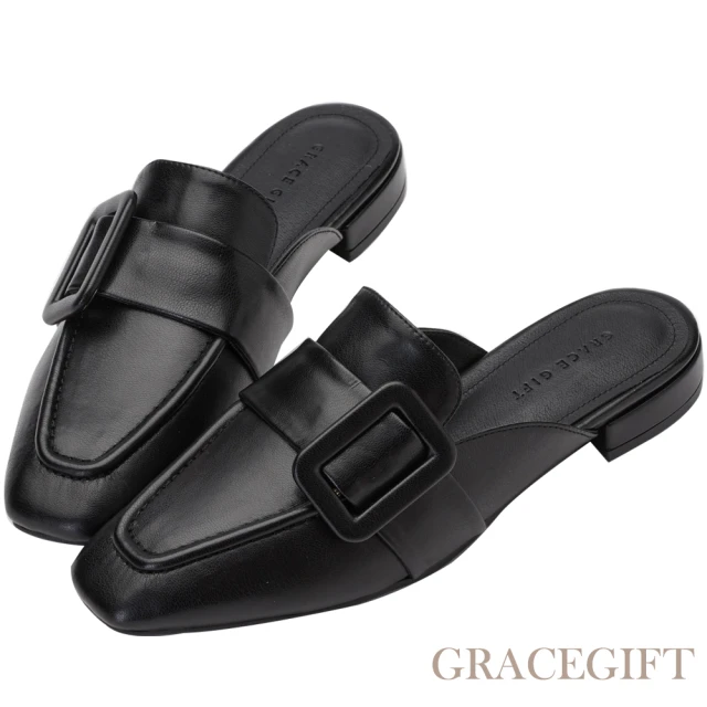 【Grace Gift】優雅大方扣低跟穆勒鞋(黑)