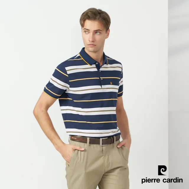 【pierre cardin 皮爾卡登】商務休閒 男款 橫條短袖POLO衫-深藍色(5237262-37)