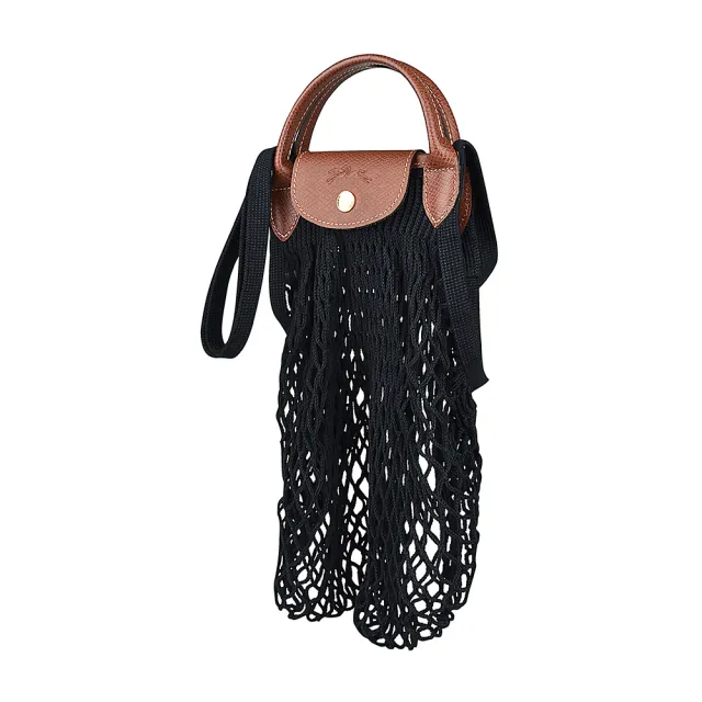 【LONGCHAMP】LONGCHAMP LE PLIAGE FILET奔馬LOGO棉質滾邊牛皮邊釦式手提肩背漁網包(大/黑)