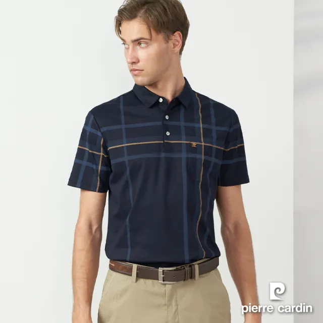 【pierre cardin 皮爾卡登】休閒服飾 男款 胸前印格短袖POLO衫-深藍色(5237217-38)