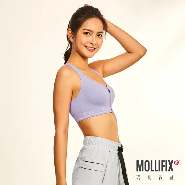 【Mollifix 瑪莉菲絲】A++3D無縫前開拉鍊運動BRA、瑜珈服、無鋼圈、開運內衣(淡藍紫)