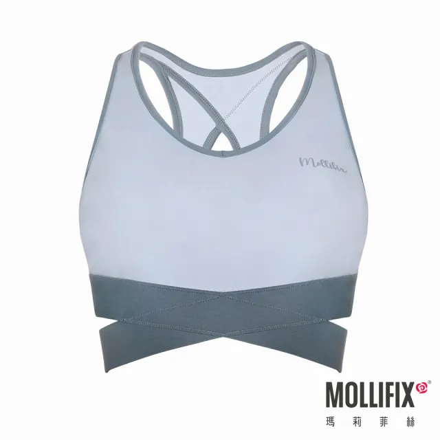 【Mollifix 瑪莉菲絲】織帶交叉鏤空美背運動內衣、瑜珈服、無鋼圈、開運內衣(淺藍)