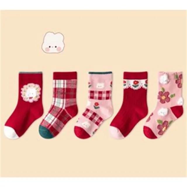 【安朵童舖】現貨韓版兒童聖誕襪女童五入組毛圈加厚襪子男童復古小玫瑰襪子寶寶襪子五入組(017)