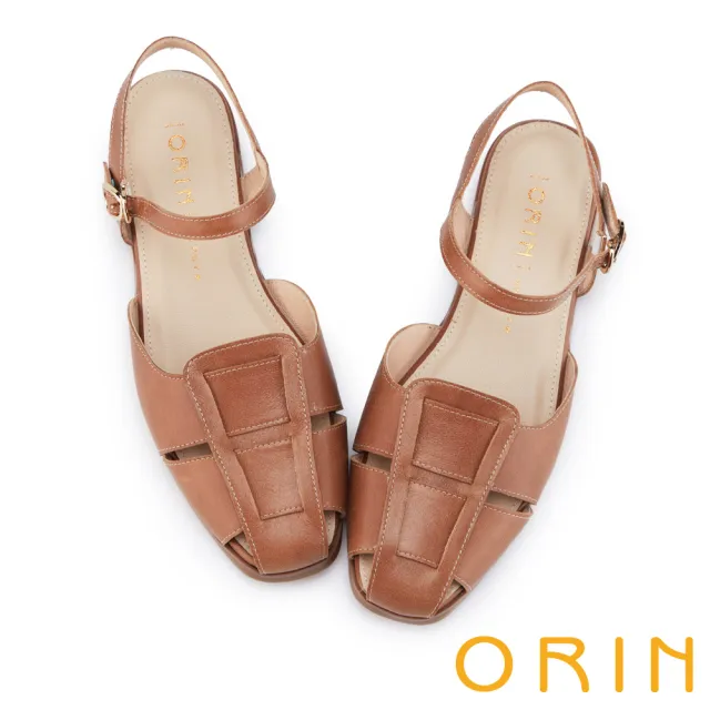 【ORIN】寬版編織護趾真皮平底涼鞋(棕色)