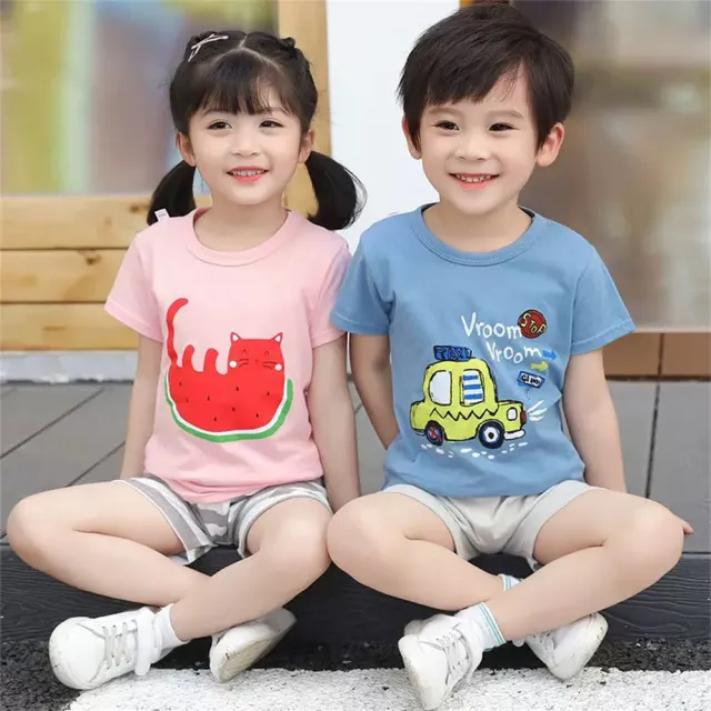 【安朵童舖】現貨韓版兒童夏季短袖套裝女童短袖上衣寶寶短袖套裝男童印花上衣短褲(033A)