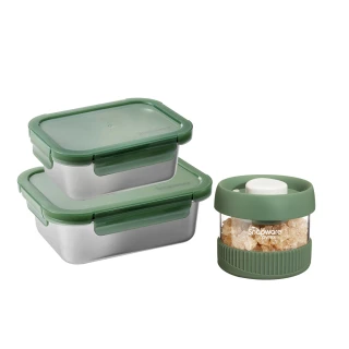 【CorelleBrands 康寧餐具】316可微波不鏽鋼保鮮盒+玻璃儲物罐3入組(C01)