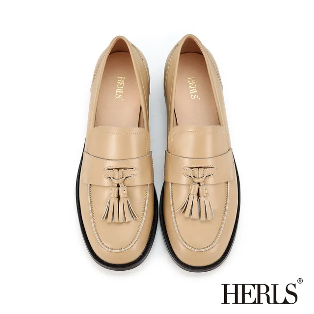 【HERLS】樂福鞋-全真皮澎派流蘇低跟樂福鞋(奶茶色)