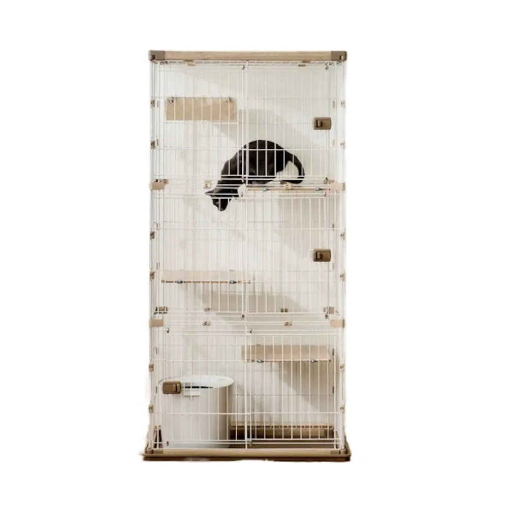 【IRIS OHYAMA 愛麗思歐雅瑪】三層木質貓籠 PWCR-963 寵物籠(側開滑動門/木與紋理/組裝簡易/附吊床)