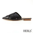 【HERLS】穆勒鞋-全真皮交錯編織平底穆勒鞋(黑色)