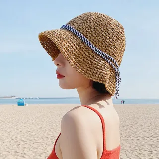 【AnnaSofia】298均一價 遮陽防曬草帽鐘型帽漁夫帽-海軍風斜線繩 現貨(駝系)