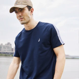【NAUTICA】男裝 簡約織帶造型純棉短袖T恤(深藍)