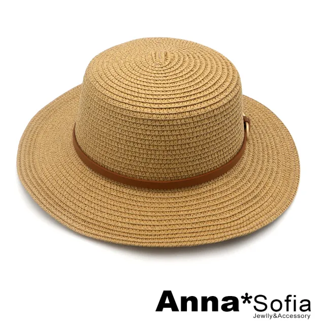 【AnnaSofia】買一送一久等禮 遮陽帽防曬帽淑女帽網美渡假草帽海灘帽漁夫帽-雙U釦革帶 寬簷 現貨(駝系)