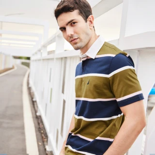 【NAUTICA】男裝 時尚造型撞色條紋短袖POLO衫(藍綠)