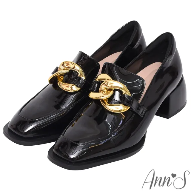 【Ann’S】氣勢金色鍊扣-軟漆皮方頭粗跟樂福鞋4.5cm(黑)