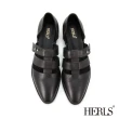 【HERLS】低跟鞋-全真皮魚骨鏤空側V橢圓頭低跟鞋(黑色)