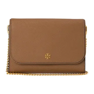 【TORY BURCH】防刮皮革金屬LOGO鍊帶WOC斜背包(駝色)