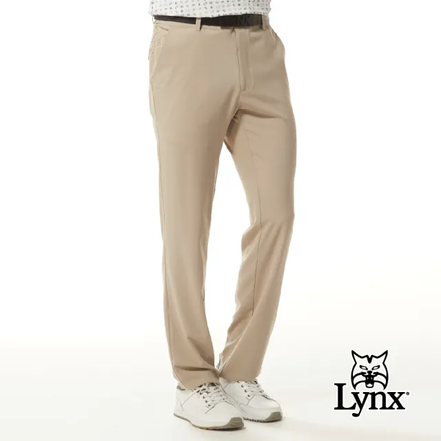 【Lynx Golf】男款日本進口面料四面彈性口袋側邊印花袋蓋造型設計平口休閒長褲(二色)