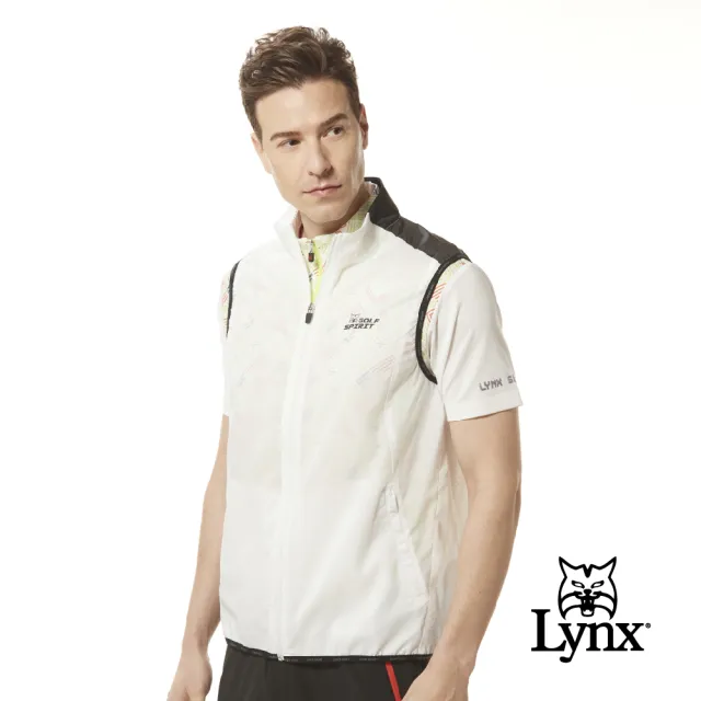 【Lynx Golf】男款輕量沖孔透氣布料配布剪裁後腰方塊印花拉鍊口袋無袖背心(三色)