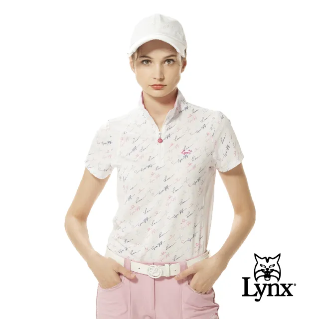 【Lynx Golf】女款銀離子抗菌除臭Lynx Golf草寫印花特殊剪裁配布造型短袖立領POLO衫/高爾夫球衫(二色)