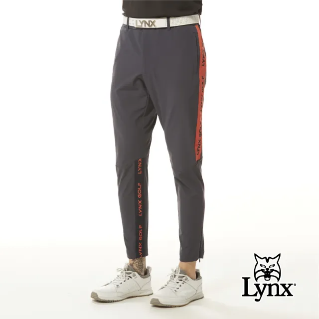 【Lynx Golf】首爾高桿風格！男款彈性舒適大腿繡花設計拉鍊口袋山貓膠標平口窄管休閒長褲(二色)