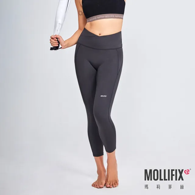 【Mollifix 瑪莉菲絲】前交叉高腰包覆7分褲、瑜珈服、Legging(黑)