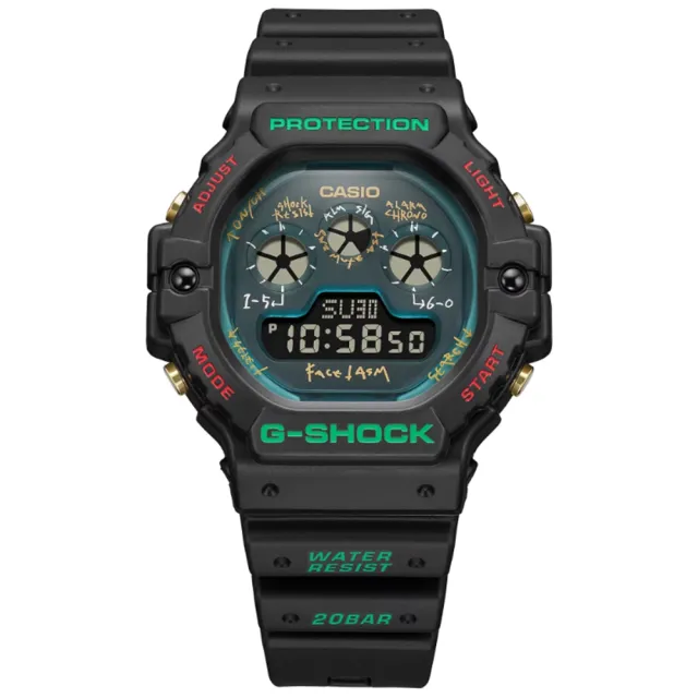 【CASIO 卡西歐】G-SHOCK X FACETASM聯名款 三眼顯示 黑X綠X紅_DW-5900FA-1DR_46.8mm