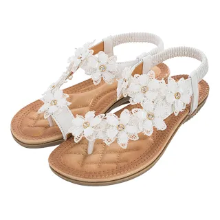 【QUEENA】坡跟涼鞋 美鑽涼鞋/波西米亞民族風浪漫美鑽蕾絲花朵舒適坡跟沙灘涼鞋(6色任選)