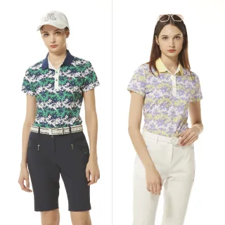 【Lynx Golf】女款吸排抗UV花草剪影印花三色織帶翻領設計短袖POLO衫/高爾夫球衫(二色)