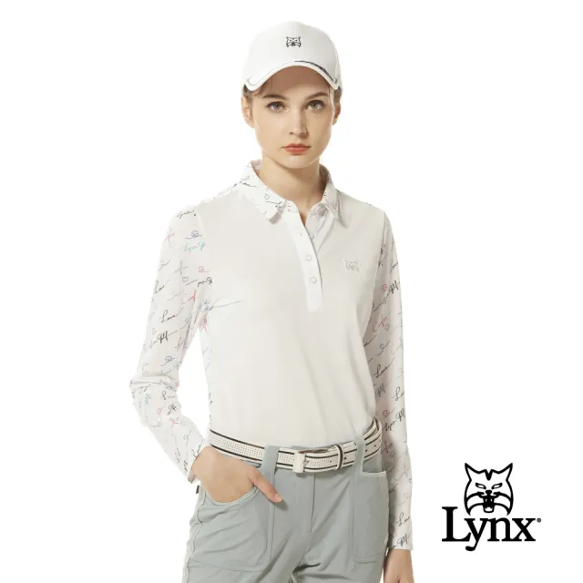 【Lynx Golf】女款吸排抗UV機能貓頭膠標Lynx草寫字樣印花洞洞布剪接設計長袖POLO衫/高爾夫球衫(二色)