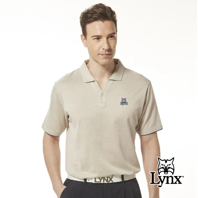 【Lynx Golf】男款雙絲光純棉點點緹花假兩件式設計小V領造型短袖POLO衫/高爾夫球衫(卡其色)