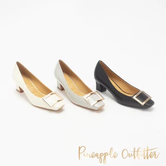【Pineapple Outfitter】GOMEZ 金屬釦真皮方頭粗中跟鞋(黑色)