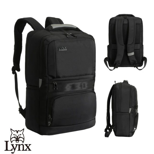 【Lynx】美國山貓嚴選尼龍布包大型商務後背包 多隔層機能收納/筆電保護袋(黑色)